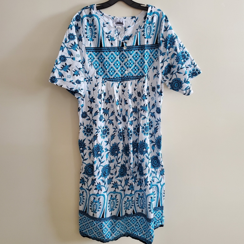 Vintage Floral Metropolitan Blue White Cotton Boho Midi Summer Dress Size Medium